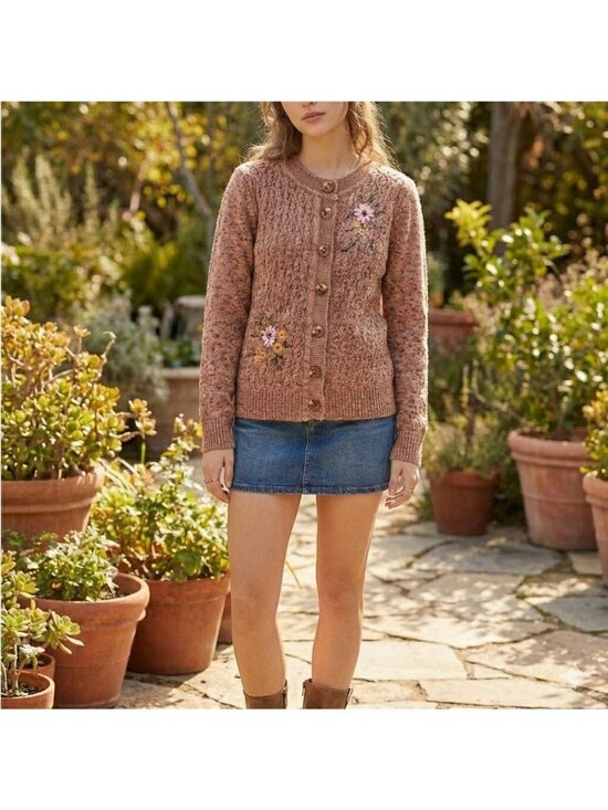 Vintage Sweaters - Vintage 90s Brown Floral Beaded Sweater Cottagecore Grandma Chic Knit Cardigan L